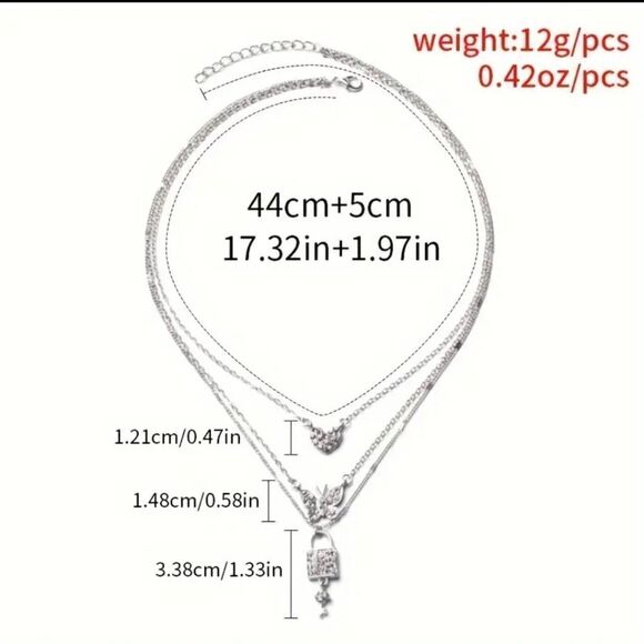 Silver Heart Butterfly Lock Pendant Layered Necklace - Picture 4 of 4